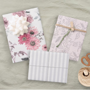 Girly Pink Grey Floral Pastel Wrapping Paper Sheet