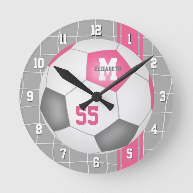girly pink grey personalised soccer round clock (Front)