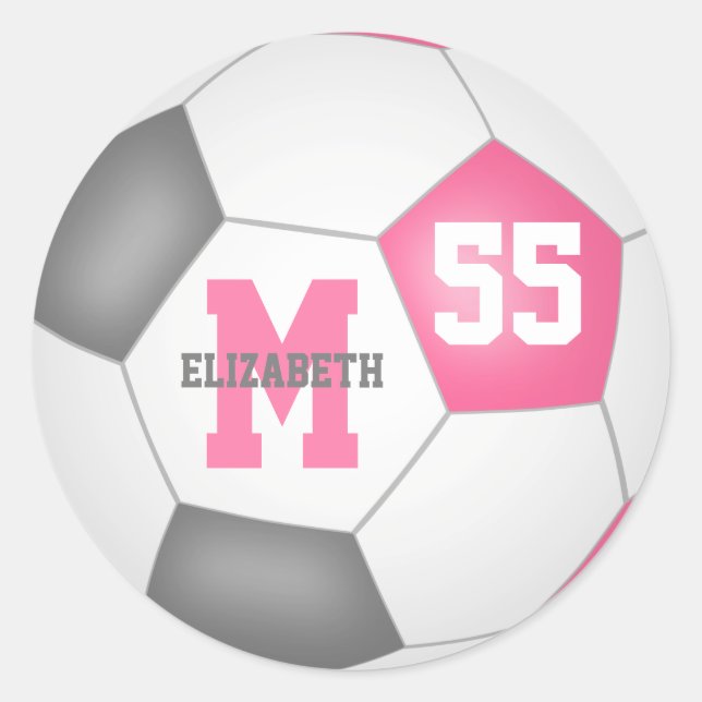 girly pink grey soccer ball personalised classic round sticker (Front)