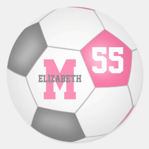 girly pink grey soccer ball personalised classic round sticker