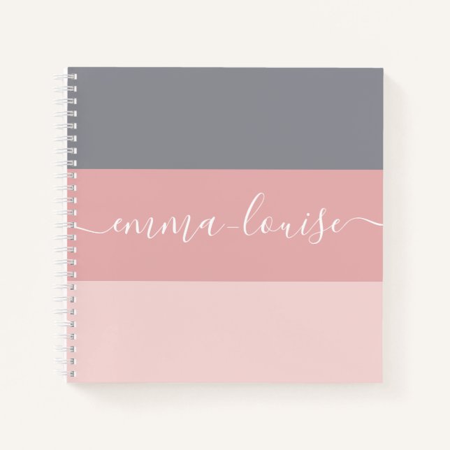 Girly Pink Grey Stripe Hand Lettered Name Notebook (Front)