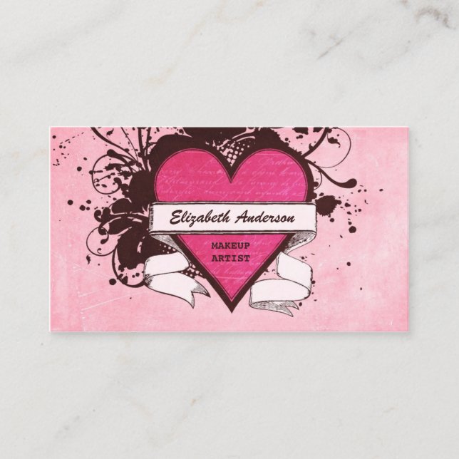 Girly Pink Grunge Heart Cosmetology Makeup Artist Business Card (Front)