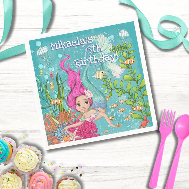 Girly Pink Hair Mermaid Under the Sea Birthday Napkin (Creator Uploaded)