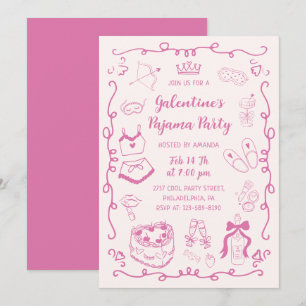 Girly Pink Hand Drawn Galentine's Pajama Party Invitation