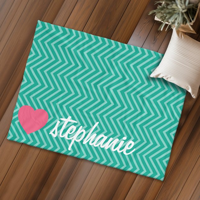 Girly Pink Heart Cute Trendy Chevrons and Name Fleece Blanket (Personalized fleece blanket with heart and a monogram)