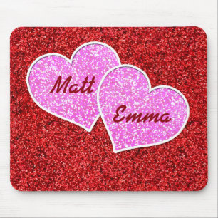 GIRLY PINK HEART RED GLITTER MOUSE PAD