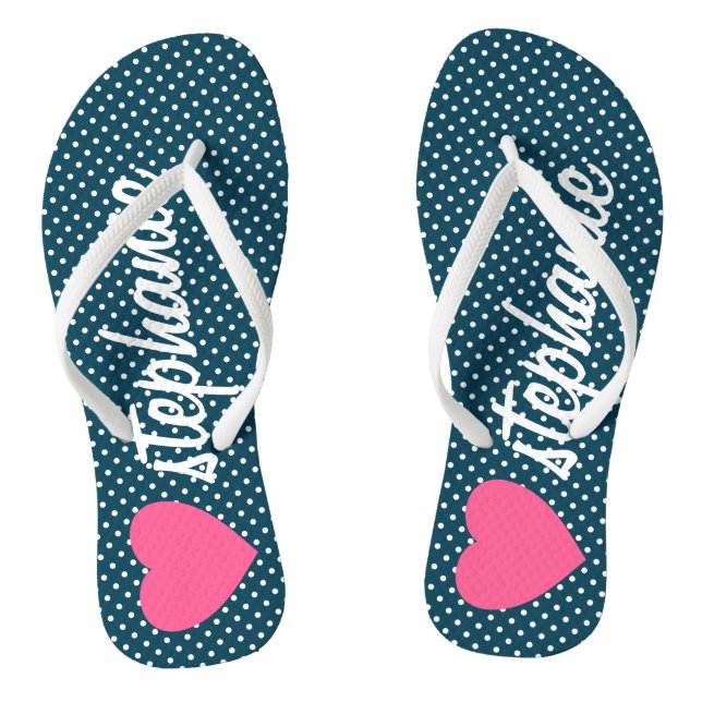 Girly Pink Heart with Trendy Polka Dots and Name Thongs (Footbed)