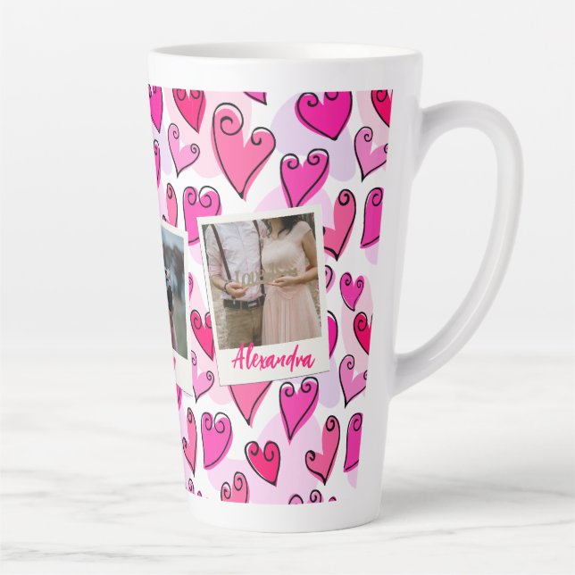 Girly Pink Hearts Cute Romantic Valentine Photo Latte Mug (Right)