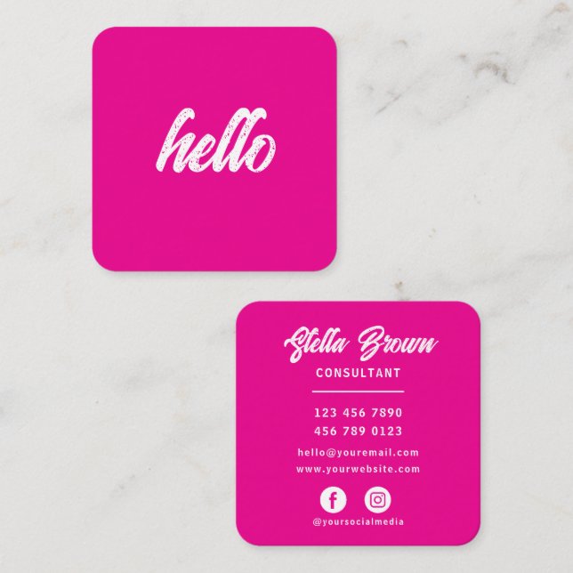 Girly Pink Hello Chic Bold Text Square Business Card (Front/Back)