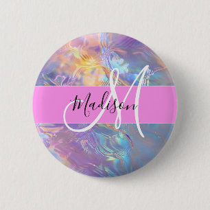 Girly Pink Holographic Iridescent Monogram Name 6 Cm Round Badge