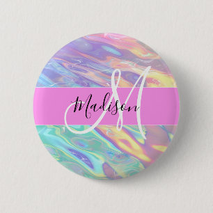 Girly Pink Holographic Iridescent Monogram Name 6 Cm Round Badge