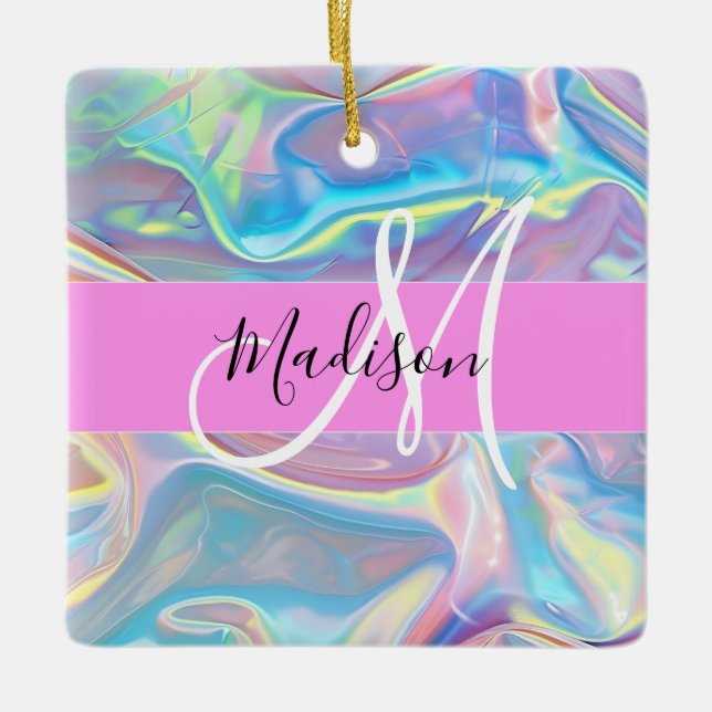 Girly Pink Holographic Iridescent Monogram Name Ceramic Ornament (Front)