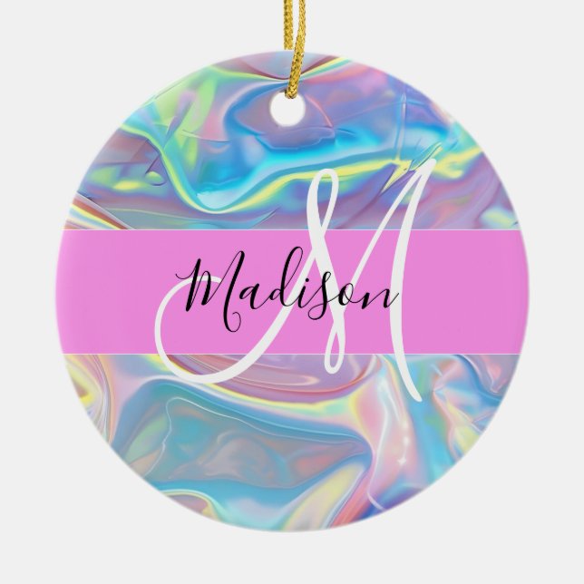 Girly Pink Holographic Iridescent Monogram Name Ceramic Ornament (Front)