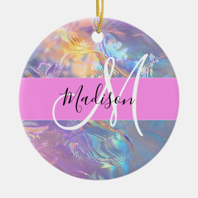 Girly Pink Holographic Iridescent Monogram Name Ceramic Ornament (Front)