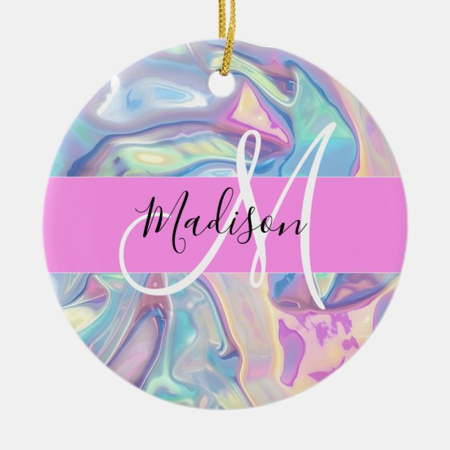 Girly Pink Holographic Iridescent Monogram Name Ceramic Ornament (Front)