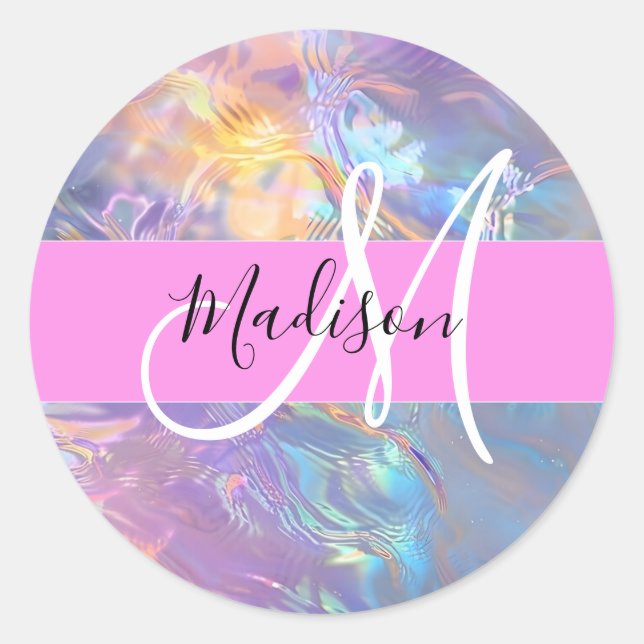 Girly Pink Holographic Iridescent Monogram Name Classic Round Sticker (Front)