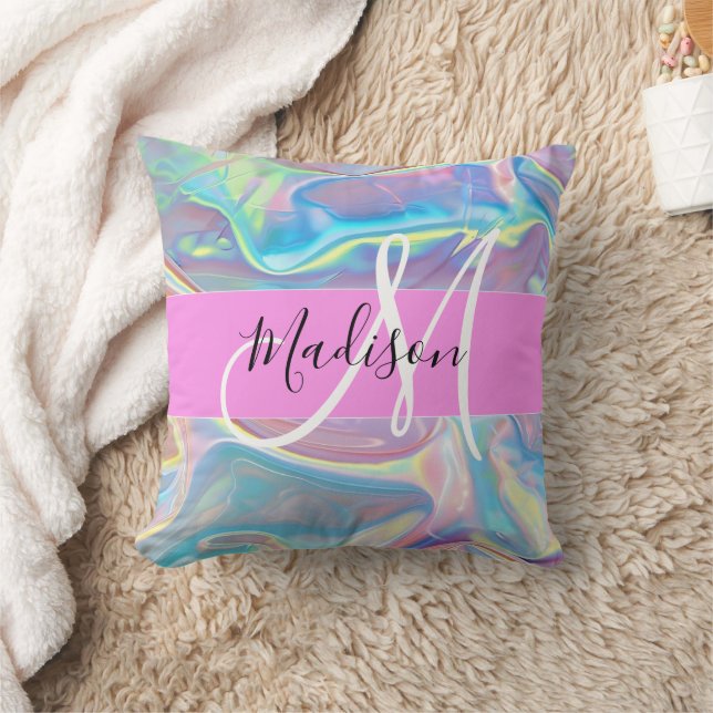 Girly Pink Holographic Iridescent Monogram Name Cushion (Blanket)