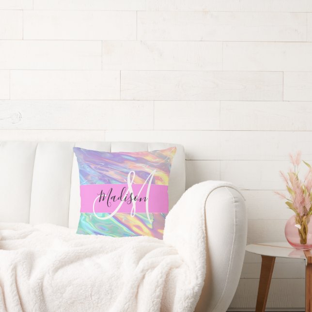 Girly Pink Holographic Iridescent Monogram Name Cushion (Couch)