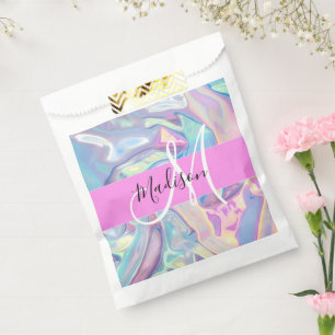 Girly Pink Holographic Iridescent Monogram Name Favour Bag