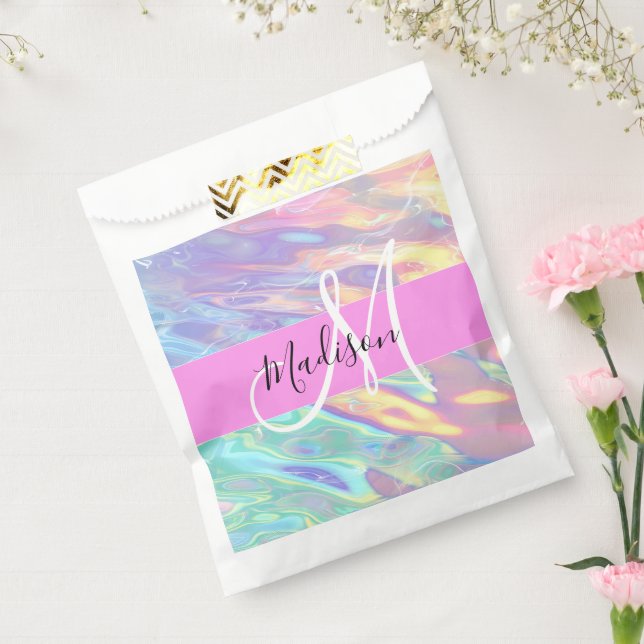 Girly Pink Holographic Iridescent Monogram Name Favour Bag (Sealed)