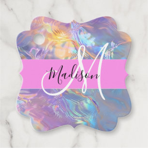 Girly Pink Holographic Iridescent Monogram Name Favour Tags