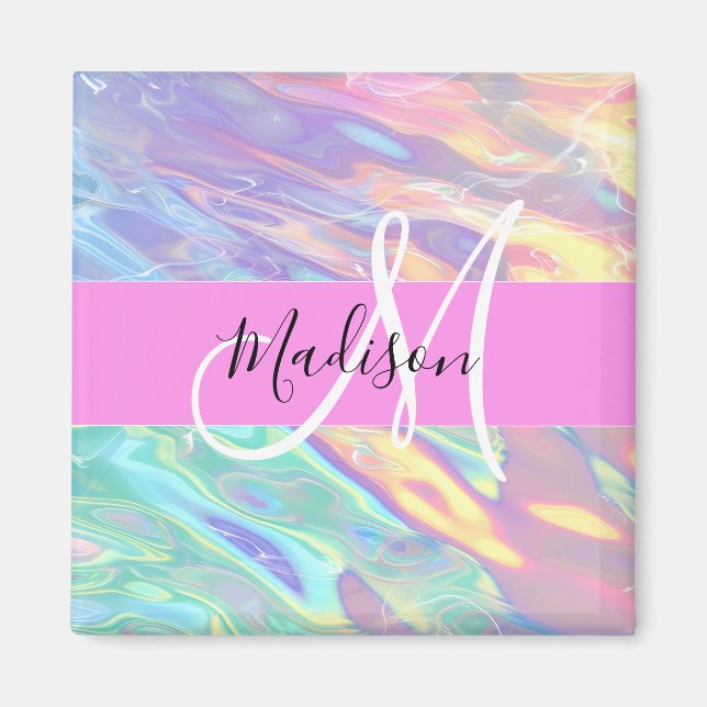 Girly Pink Holographic Iridescent Monogram Name Magnet (Front)