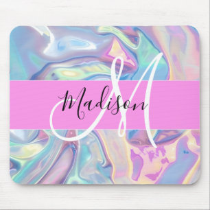Girly Pink Holographic Iridescent Monogram Name Mouse Pad