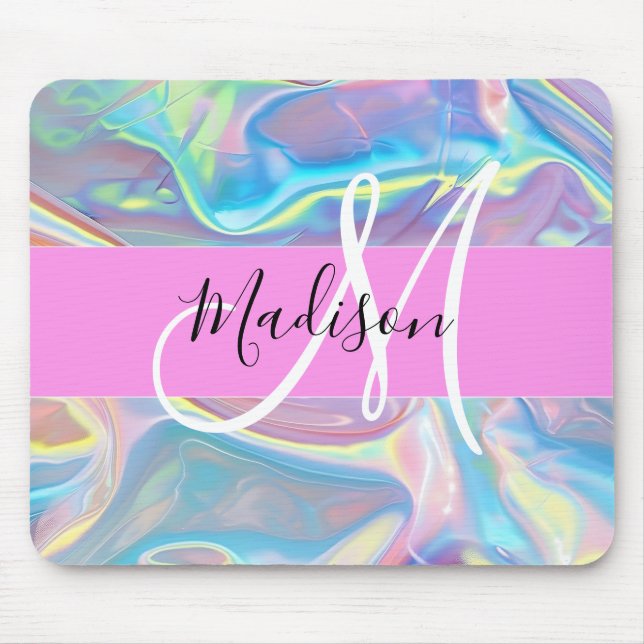 Girly Pink Holographic Iridescent Monogram Name Mouse Pad (Front)