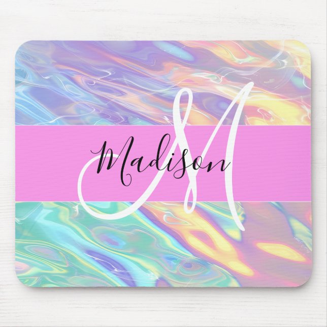 Girly Pink Holographic Iridescent Monogram Name Mouse Pad (Front)