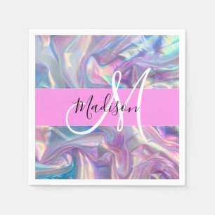 Girly Pink Holographic Iridescent Monogram Name Napkin