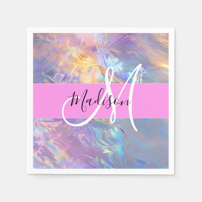 Girly Pink Holographic Iridescent Monogram Name Napkin (Front)
