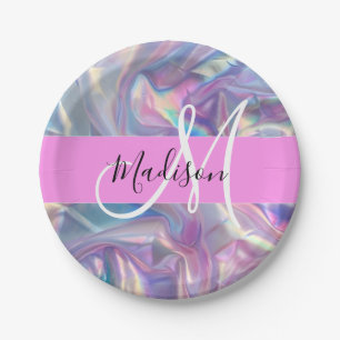 Girly Pink Holographic Iridescent Monogram Name Paper Plate