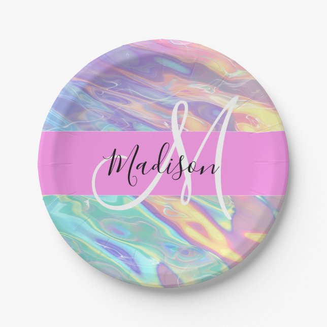 Girly Pink Holographic Iridescent Monogram Name Paper Plate (Front)
