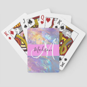 Girly Pink Holographic Iridescent Monogram Name Playing Cards
