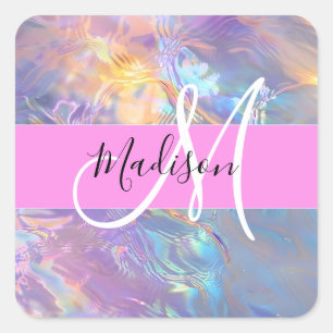 Girly Pink Holographic Iridescent Monogram Name Square Sticker