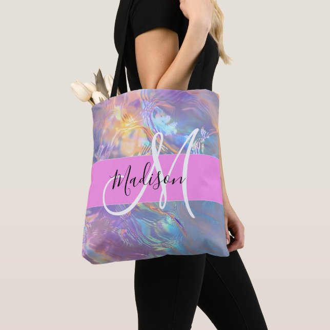 Girly Pink Holographic Iridescent Monogram Name Tote Bag (Close Up)