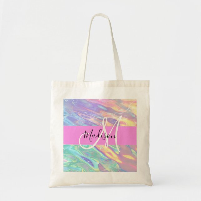 Girly Pink Holographic Iridescent Monogram Name Tote Bag (Front)