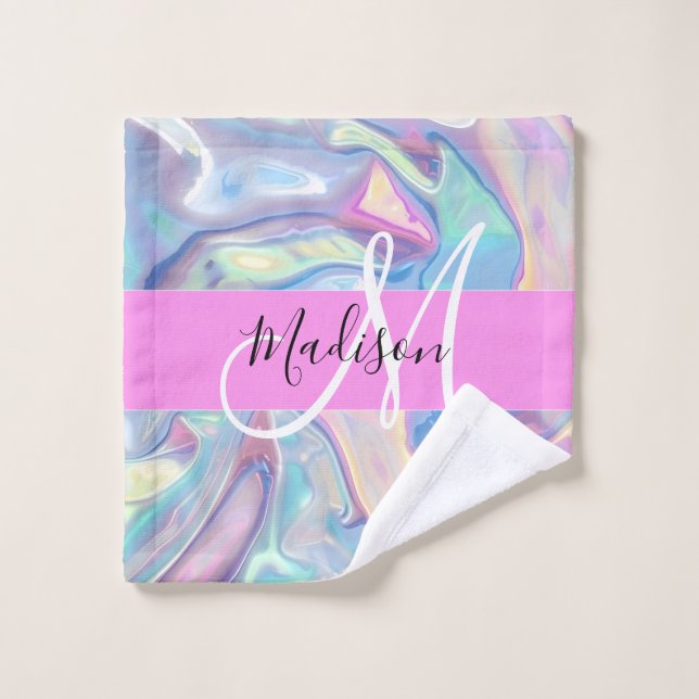 Girly Pink Holographic Iridescent Monogram Name Wash Cloth (Wash Cloth)