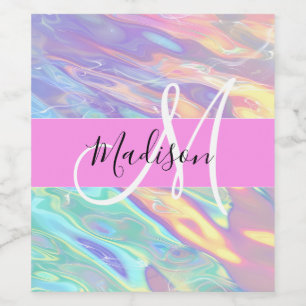 Girly Pink Holographic Iridescent Monogram Name Wine Label