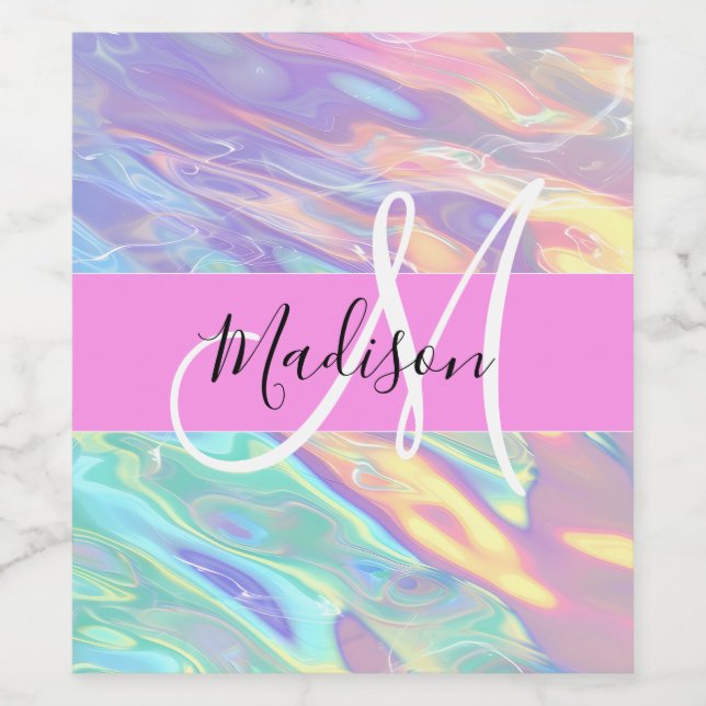 Girly Pink Holographic Iridescent Monogram Name Wine Label (Single Label)