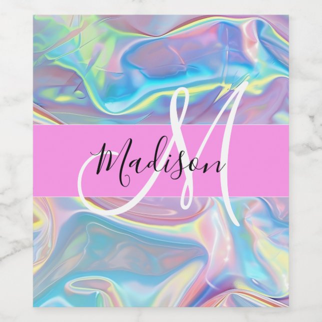 Girly Pink Holographic Iridescent Monogram Name Wine Label (Single Label)