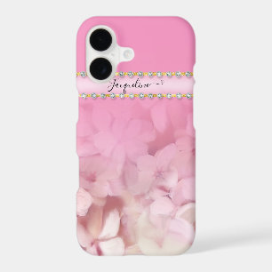 Girly Pink Hydrangea Floral Gold Glitter Jewels