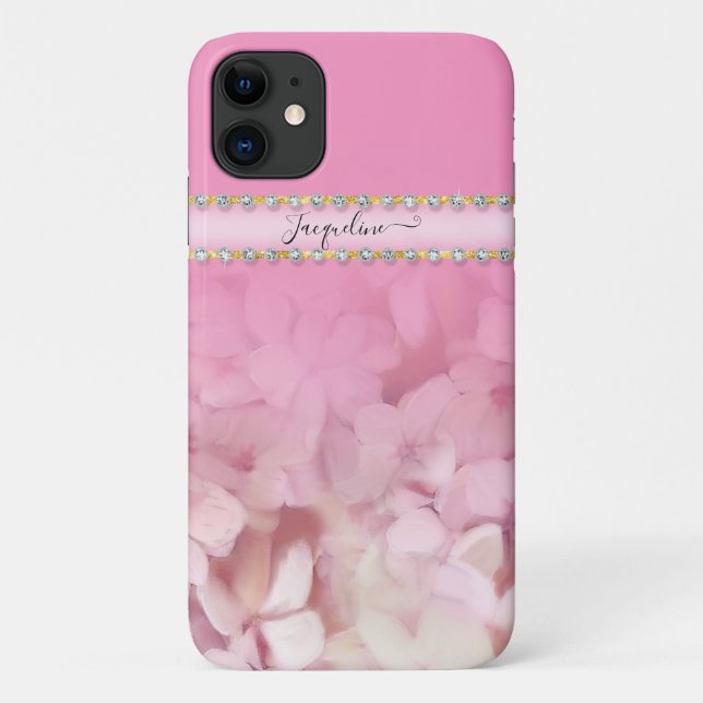Girly Pink Hydrangea Floral Gold Glitter Jewels Case-Mate iPhone Case (Back)