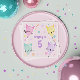 Girly Pink Kitten Cat Balloon Kids Birthday Party Napkin