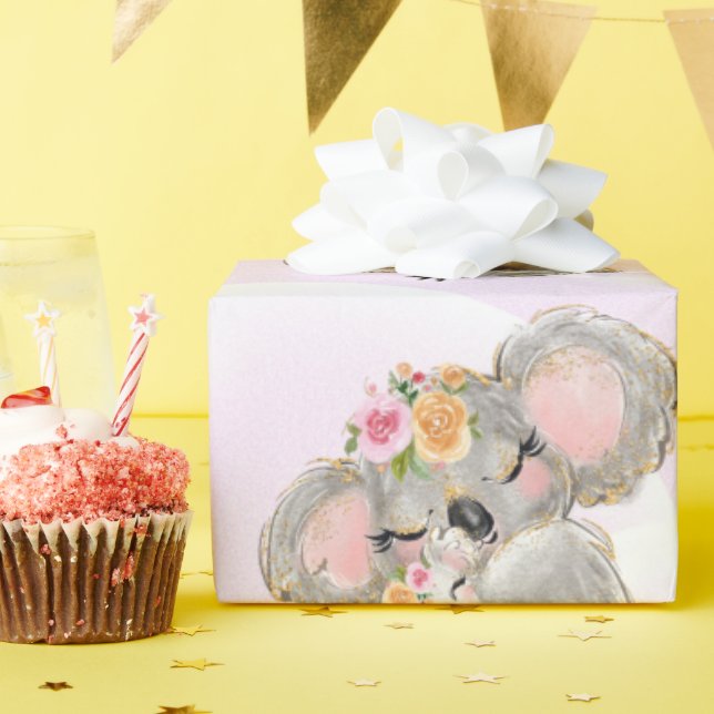 Girly Pink Koala Baby & Mum Wrapping Paper (Birthday Party)