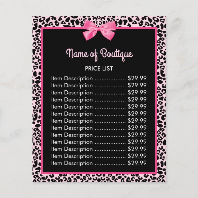 Girly Pink Leopard Print Cute Bow Boutique Price Flyer (Front)
