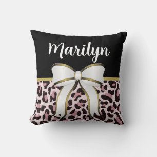 Girly Pink Leopard Print Girly Bow Name Rose Gold Cushion