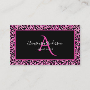 Girly Pink Leopard Spots Elegant Black Monogram Business Card