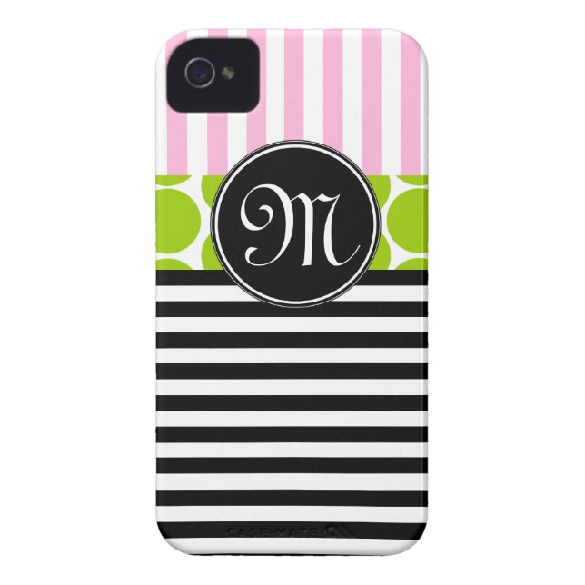 GIRLY PINK LIME GREEN BLACK STRIPES iPHONE 4 CASE (Back)