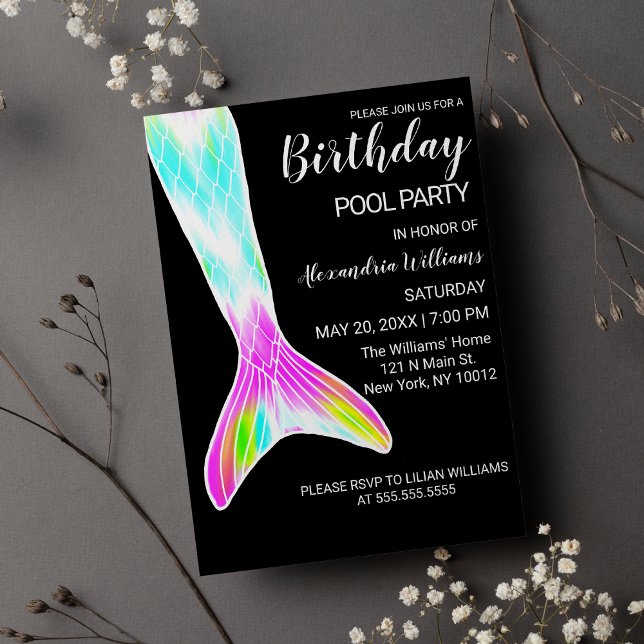 Girly Pink Lime Green Mermaid Tail Pool Birthday M Magnetic Invitation (Girly Pink Lime Green Mermaid Tail Pool Birthday M Magnetic )